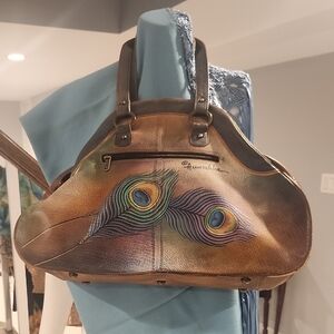 Anuschka Brown Leather Bag with Peacock Design